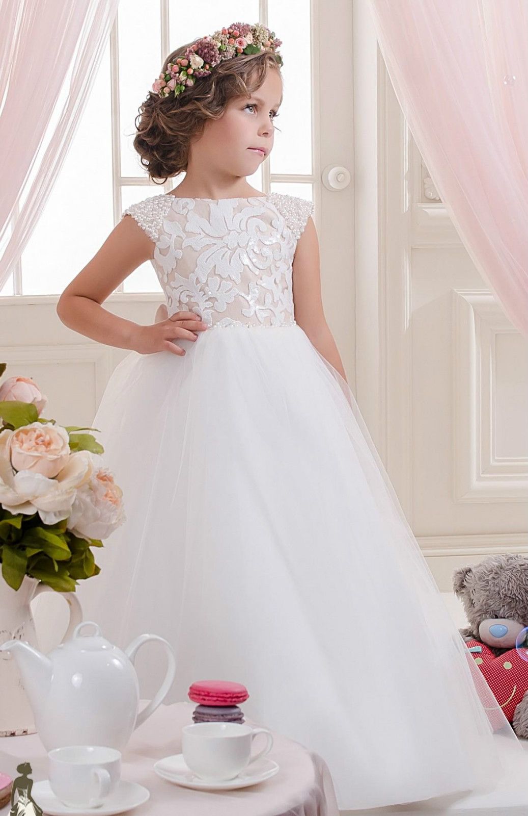 Vestidos para niñas de flores para bodas manga corta Vestido de niña de flores Apliques