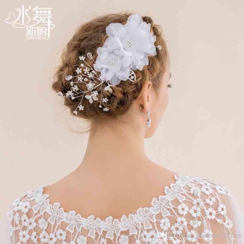 White Organza Flower Hair Accessories Crystal Tassel Bridal