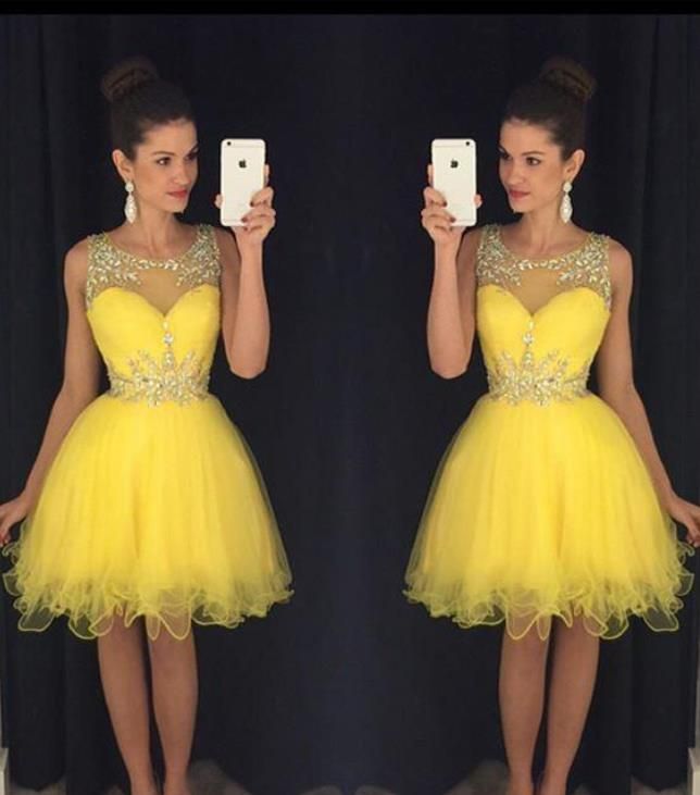 Vestidos de fiesta cortos de color amarillo brillante 2016 Sheer Beaded Neck Ruffles Mini Junior Teens Vestidos de fiesta cortos de color amarillo brillante 2016 Sheer Beaded Neck Ruffles Mini Junior Teens