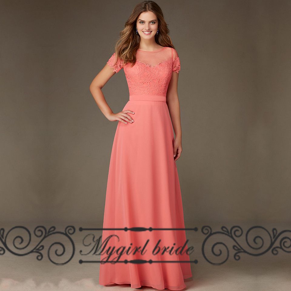 Vestidos de dama de honor de coral de manga corta palabra de longitud ver a través de vestidos de invitado de boda de gasa de chifón vestidos formales Vestidos de dama de honor de coral de manga corta palabra de longitud ver a través de vestidos de invitado de boda de gasa de chifón vestidos formales