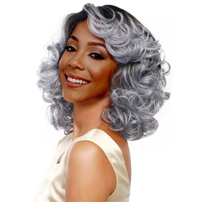 WoodFestival Grandmother Grey Wig Ombre Short Wavy Synthetic Hair Wigs ...