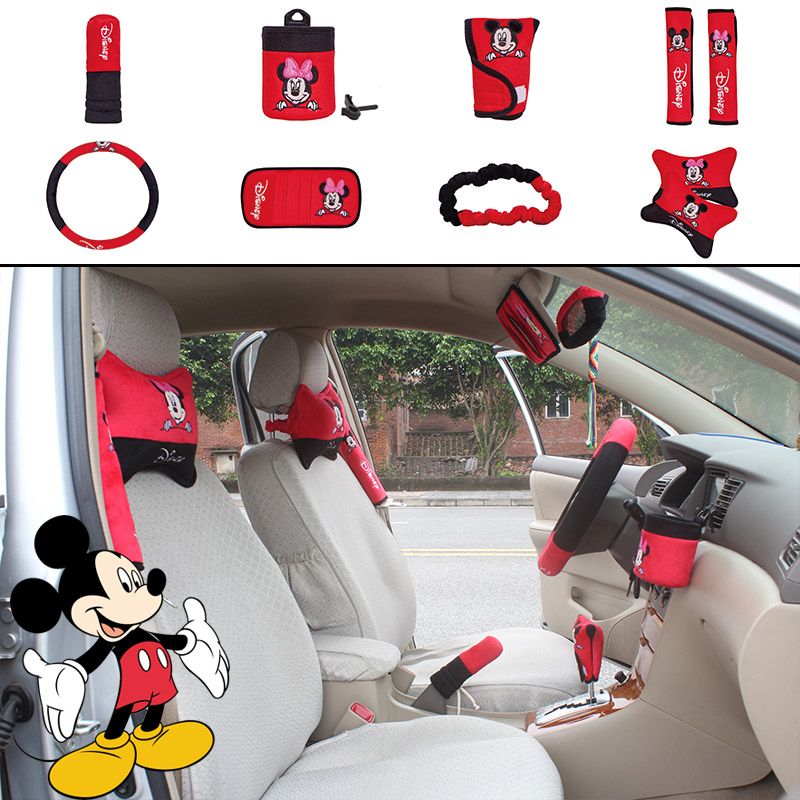 Unit Auto Accessories Red Cartoon Mickey Mouse Car Upholstery Steering Wheel Cover Pillow Set Universal Automotive Interior Forward Facing