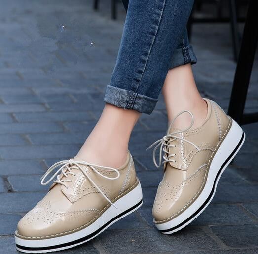 WomenLeather  lace up oxfords Flats Platform shoes Patent Brogue pointed Creeper