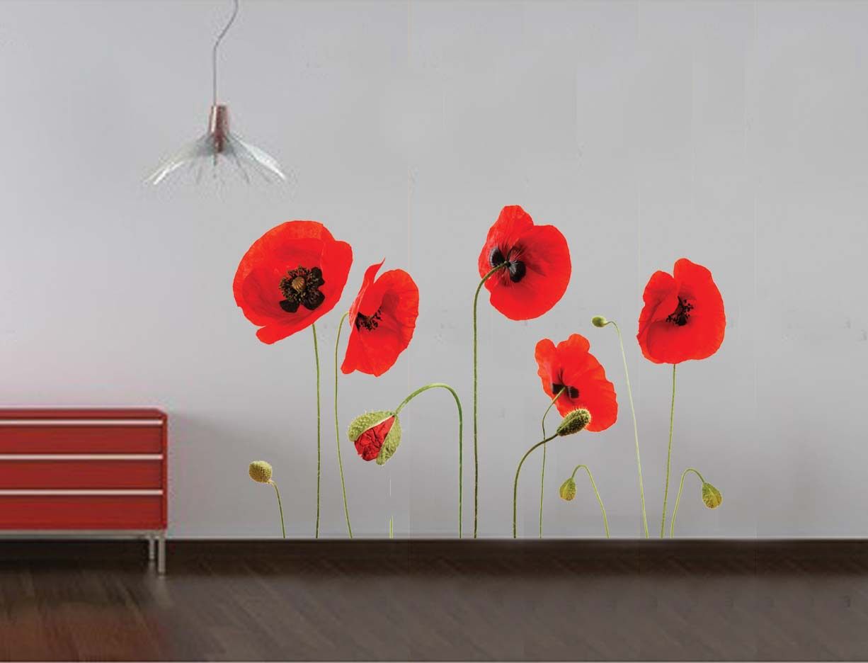 Compre Flores Rojas Arte De La Pared Decoracion Mural Etiqueta