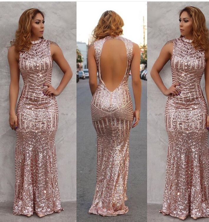 Rose Gold 2018 New Arrival Sexy Mermaid Prom Dress Sequined Open Back Floor Length Evening Party Gowns Custom Made Short Black Prom Dresses Short Prom