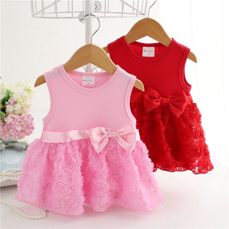 5 Pcs Rose Flower Bow Girl Dress Cotton 