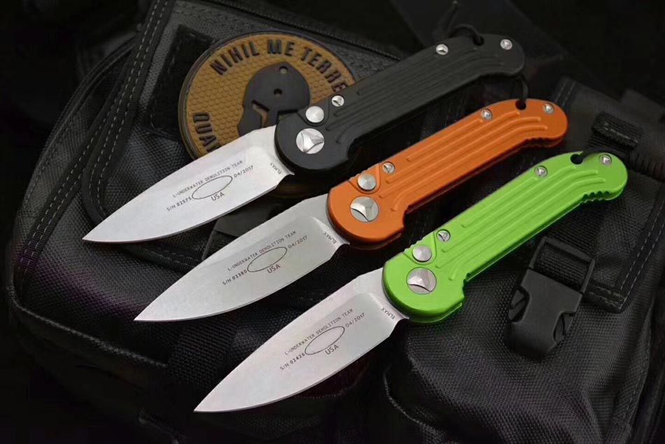 YDC Knives LUDT Auto Folder Stonewash D2 Drop Point Blade Button Single