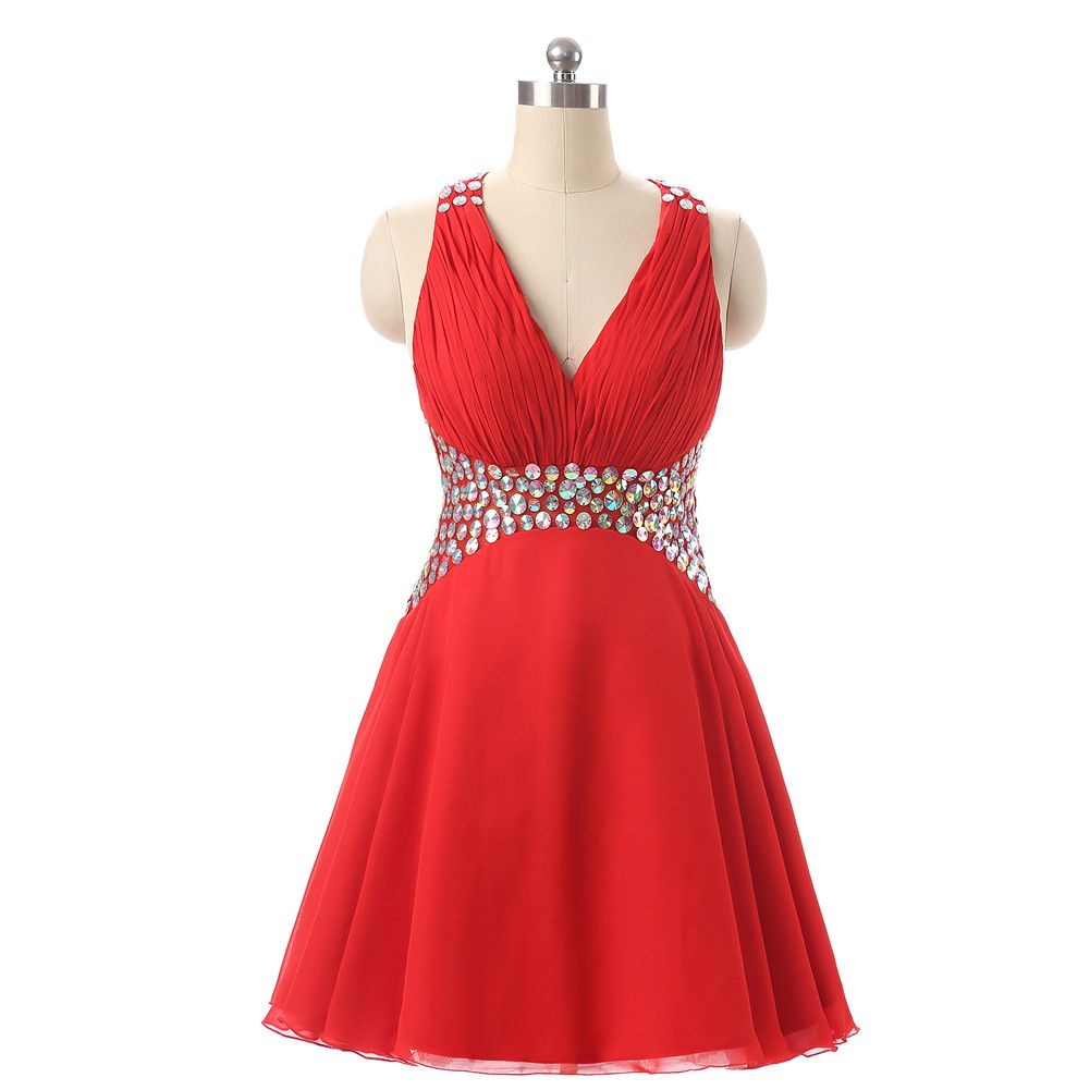 Short Red Prom Dresses 5 Crystals Beaded Pleated Cheap Teens Short Red Prom Dresses 5 Crystals Beaded Pleated Cheap Teens