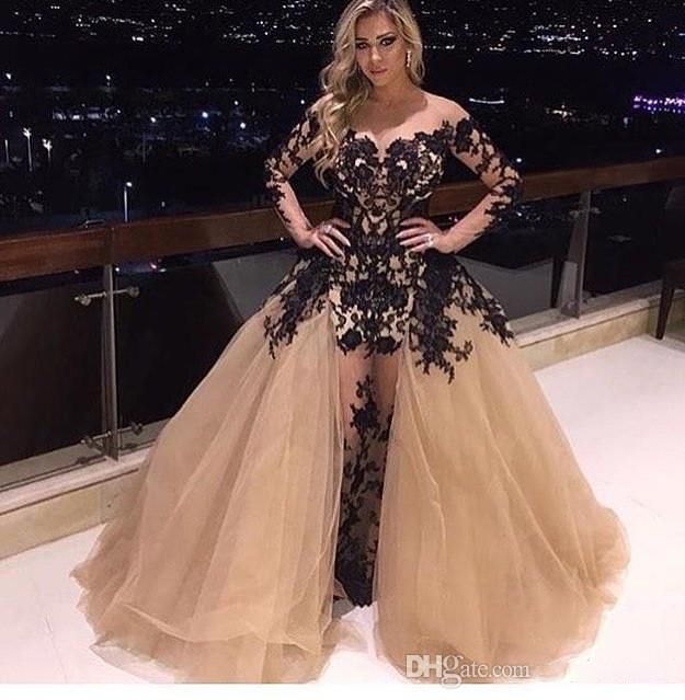 black and champagne prom dress