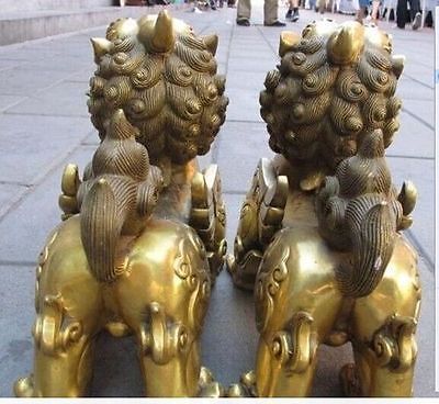 Chinese Pure Brass talisman Fengshui Evil Door Fu Foo Dog Lion beast kylin Pair