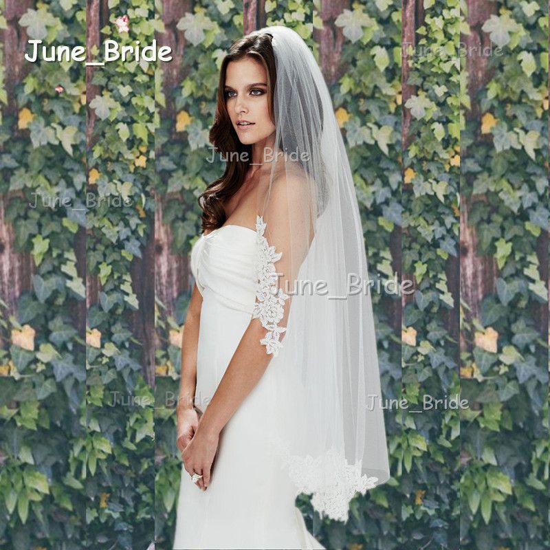 White Ivory Mantilla Veil Fingertip Alencon Lace Applique Wedding Veil with Comb