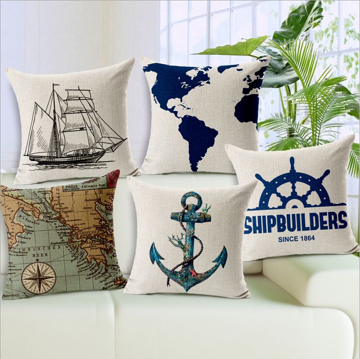 Ocean Ship Cushion Cover Marine Decoration Cojines Vintage Anchor Throw Pillow Case World Map Sofa Almofada Outdoor Patio Cushion Large Patio Cushions From Sunrise5795 8 25 Dhgate Com