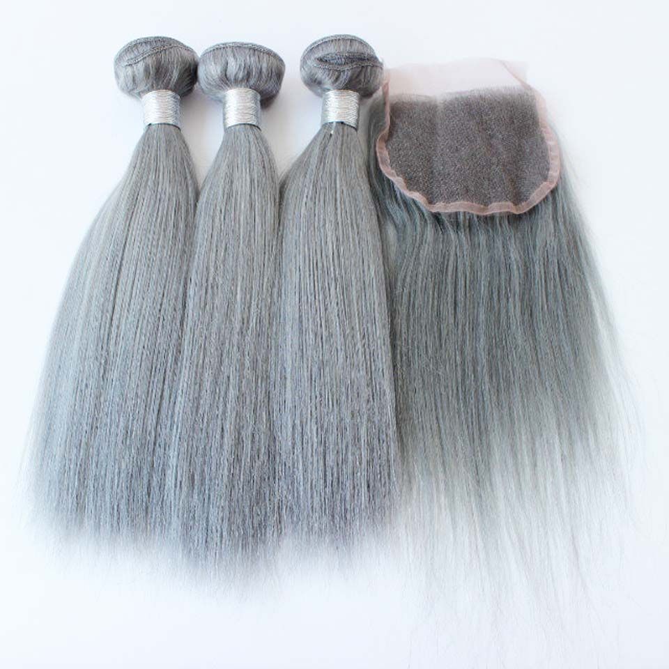 Hair With Closure Human Hair Grey Brazilian Straight Silver Grey Hair