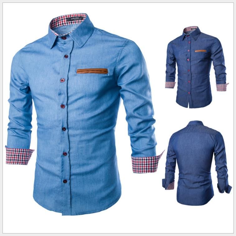 2020 Blue Denim Shirt Men Patch Plaid Cloth Pu Pocket Design Single Breasted Long Sleeve Casual Fashion Mens Shirt From Reliablechu 13 81 Dhgate Com