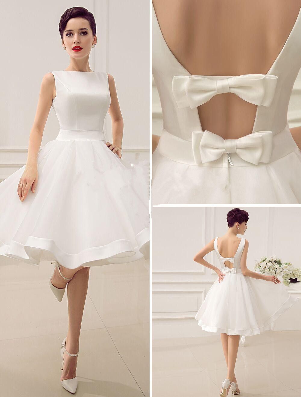 Compre Vestidos De Novia Cortos De La Vendimia De La Década De 1950  Longitud De La Rodilla Bateau Escote Sin Respaldo Pequeño Vestido Blanco  Estilo De Verano Vestidos De Boda De Playa