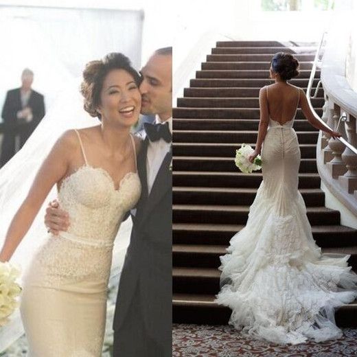 white lace backless wedding dress