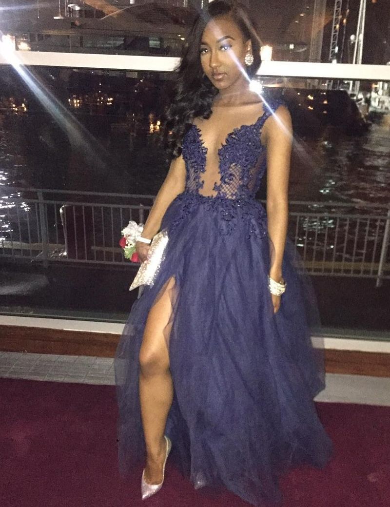 Navy Blue A Line Scoop Black Girls Prom 