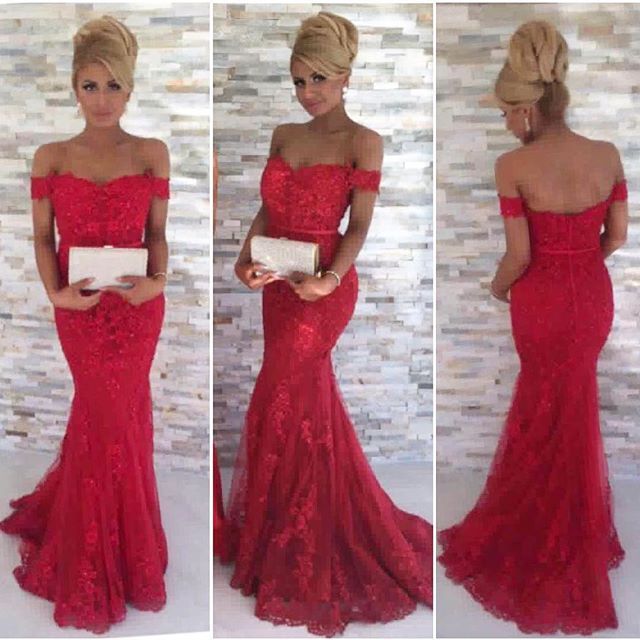 red lace mermaid prom dress