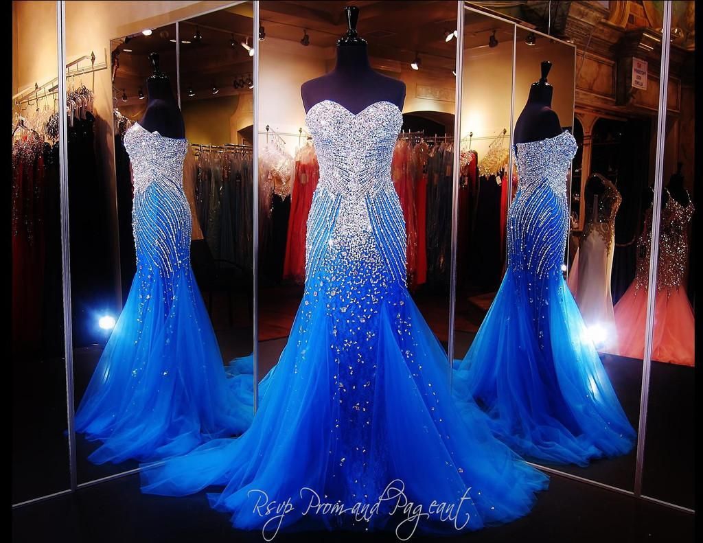 royal blue rhinestone prom dress