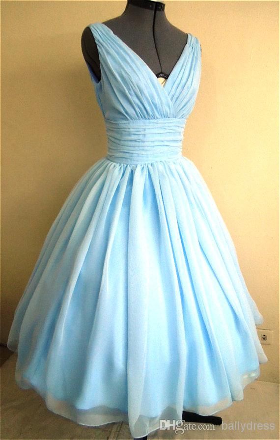 continuar herida Persona especial Vestido de estilo años 50 con celeste azul Superposición de gasa de seda  con cuello en V favorecedor para todos los tamaños 83 Fotos reales Vestidos  estilo años 50 Light Sky Blue S