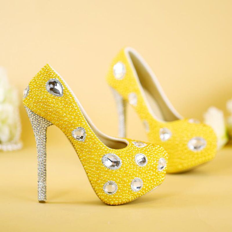 Shoes Yellow Pearl High Heel Platforms Wedding Party Pumps Silver Rhinestone Heel Bridal Dress Plus Size From Nancywedding, $64.57 DHgate.Com