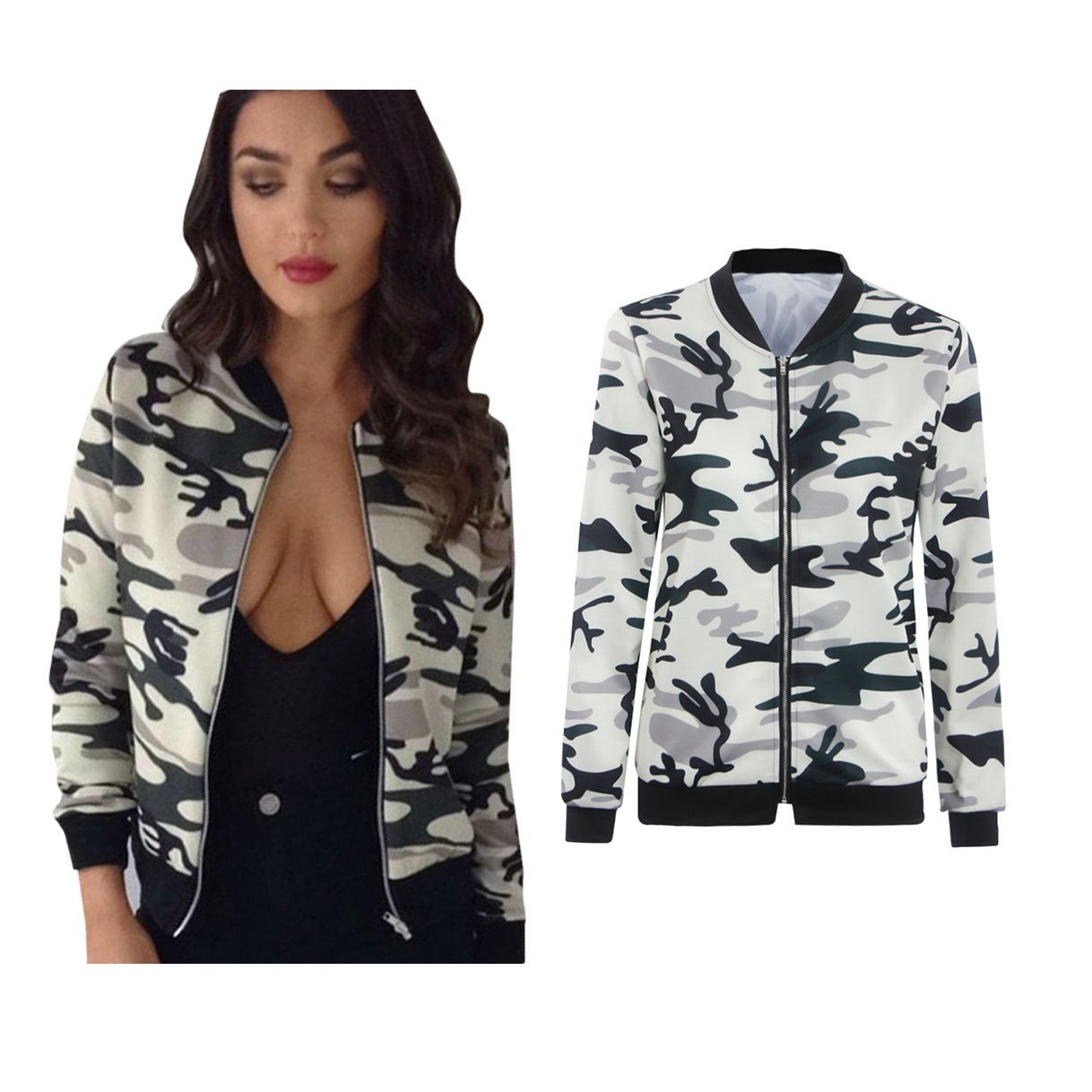 Womens Ladie Multi Colour Army Camouflage Zipper Long Sleeve Bomber Jacket Coat