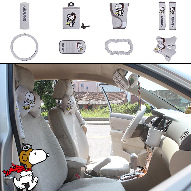 Unit Auto Accessories Snoopy Gray Cartoon Car Upholstery Steering Wheel Cover Pillow Car Covers Universal Automotive Interior Seat Protectors For
