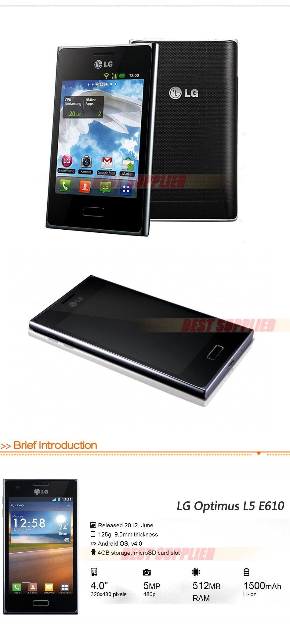 L5 Original Unlocked Lg Optimus L5 E610 Mobile Phone 4.0 Android 3G GPS
