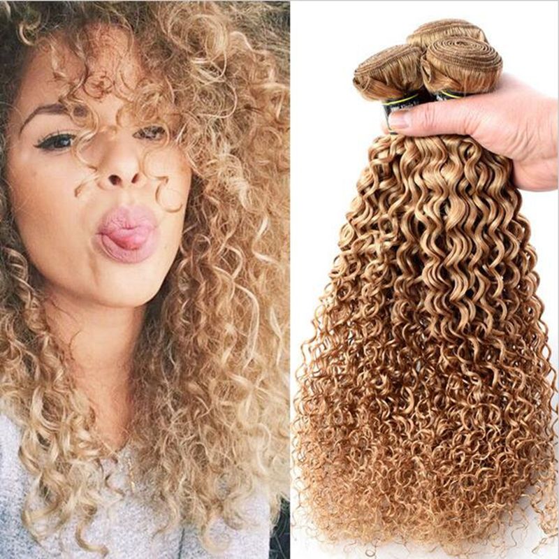 9a Kinky Curly Mongolian Hair Honey Blonde Curly Hair Extensions