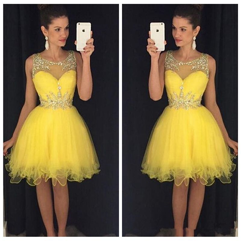Yellow Tulle Short Mini Dresses Beaded Crystal Rhinestone