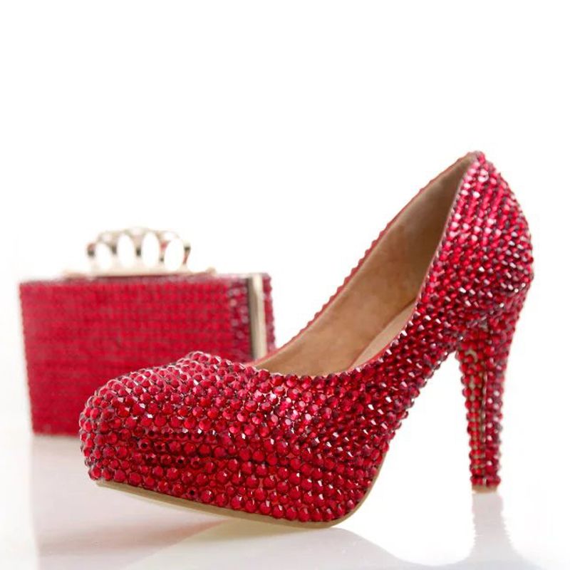 Fashion Rhinestone High Heel Shoes Red Color With Matching Bag