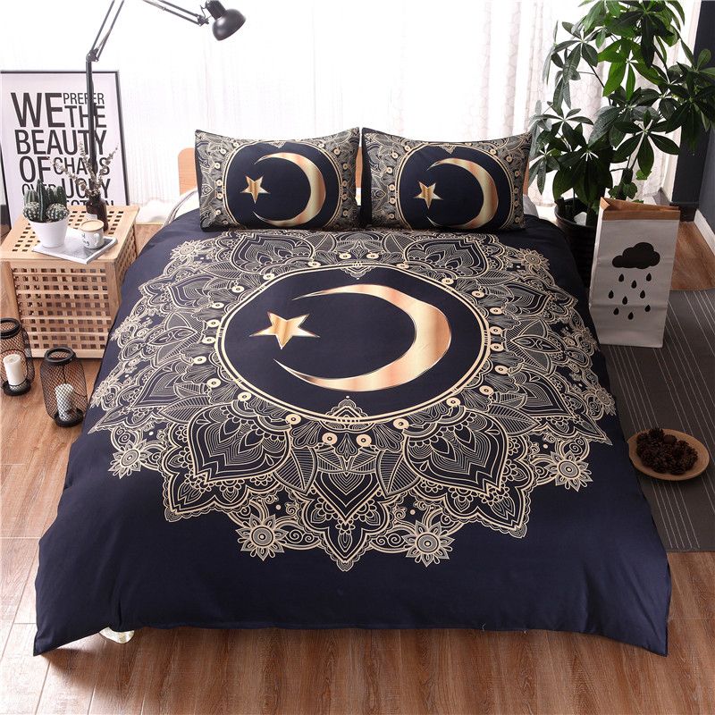 Mandala Flowers Gold Moon Star Bedding Set Boho Duvet Cover Set