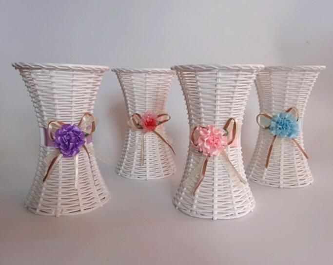 White Rattan Flower Basket Vase Vases Storage Ribbon For Wedding