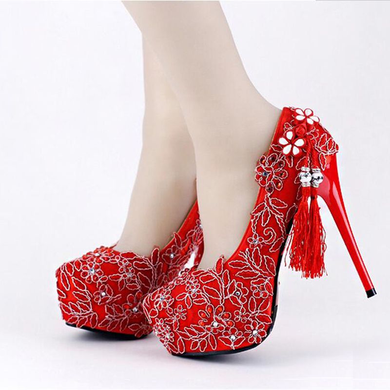 red lace wedding shoes