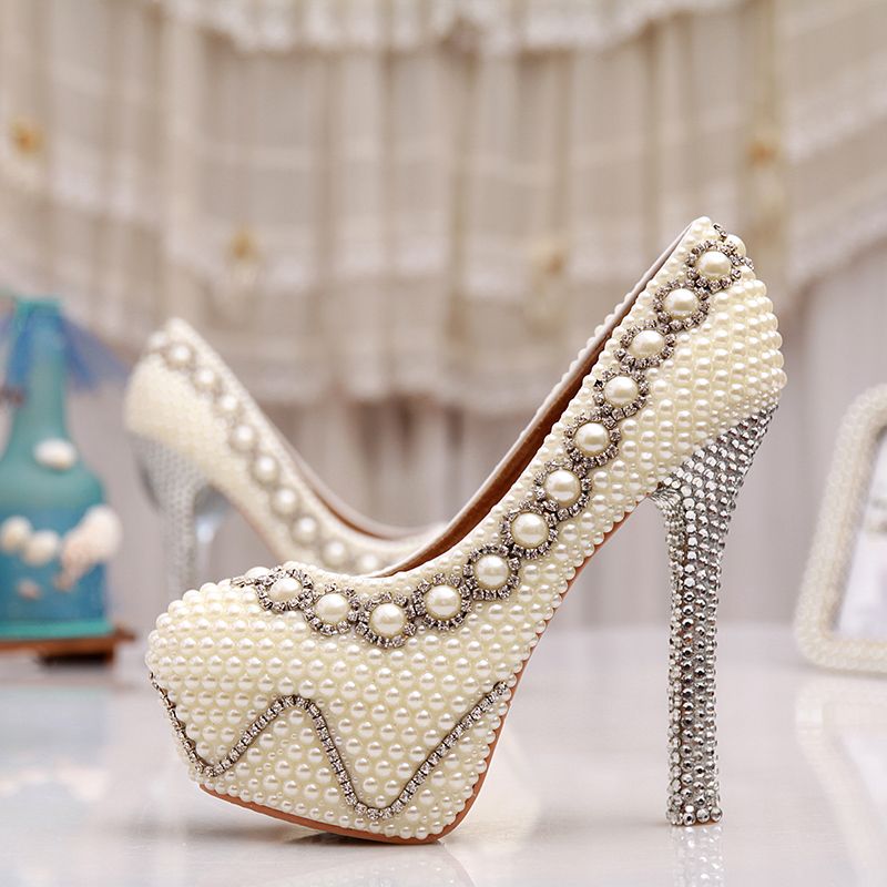 5 Inches White Pearl Wedding Shoes Rhinestone Bridal High Heels