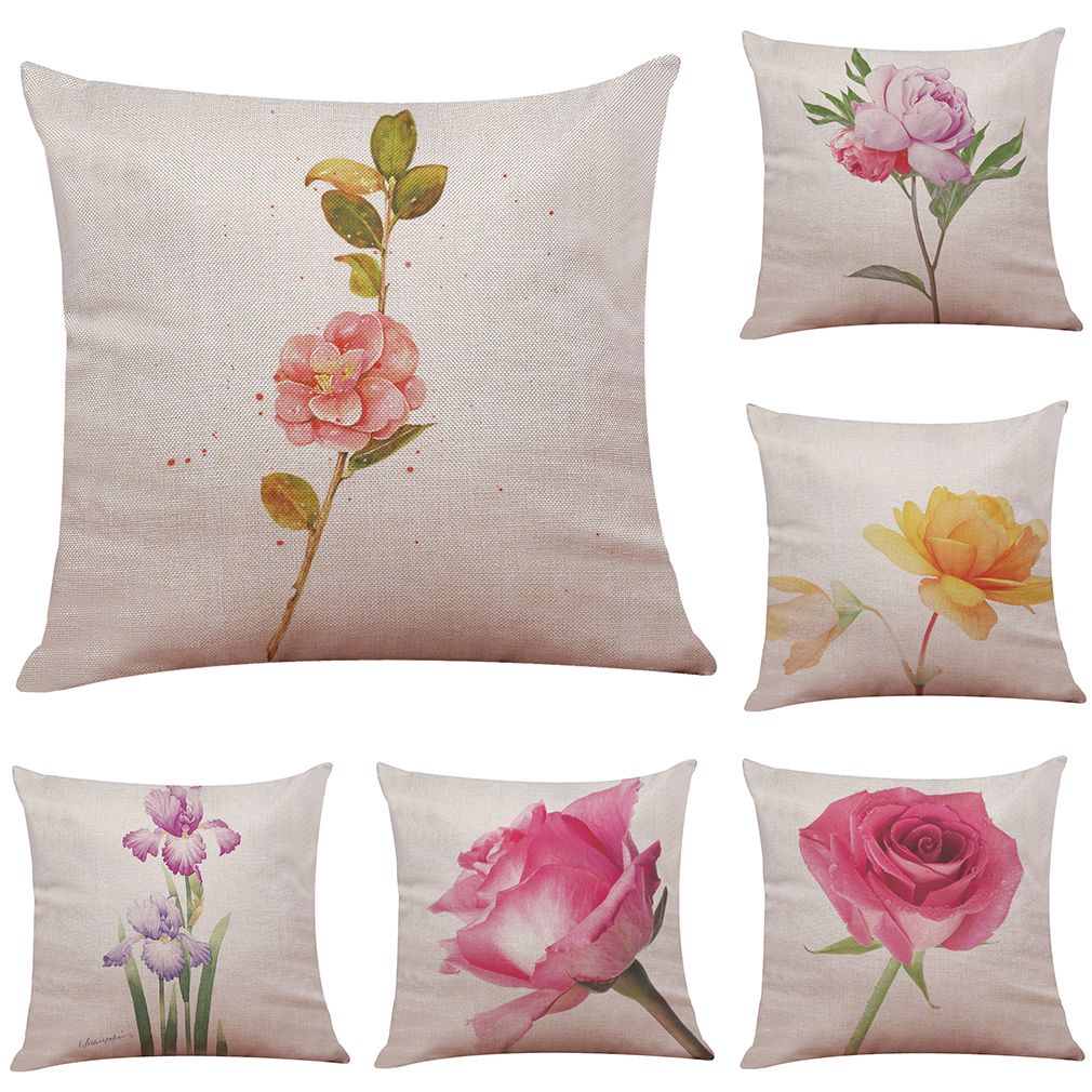 Hand Painted Flowers Pattern Linen Cushion Cover Home Office Sofa