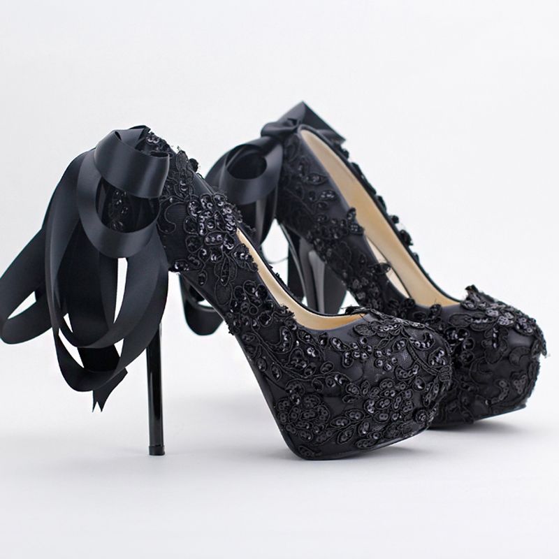 Sexy Black Lace Formal Dress Shoes Bride Party Prom High Heels Platform Glitter Stiletto Heel 
