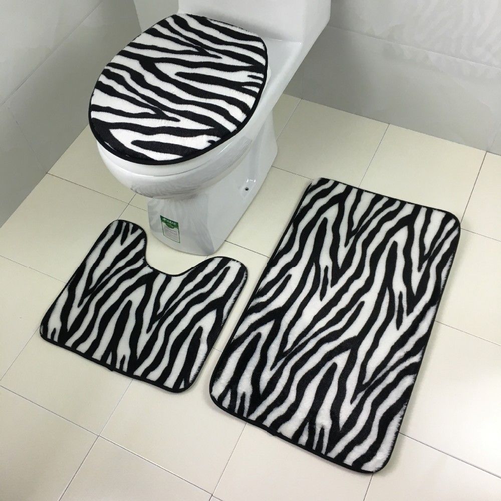 3Pcs/Set Bathroom Non-Slip Tiger Zebra Pedestal Rug+Lid Toilet Cover+Bath Mat 