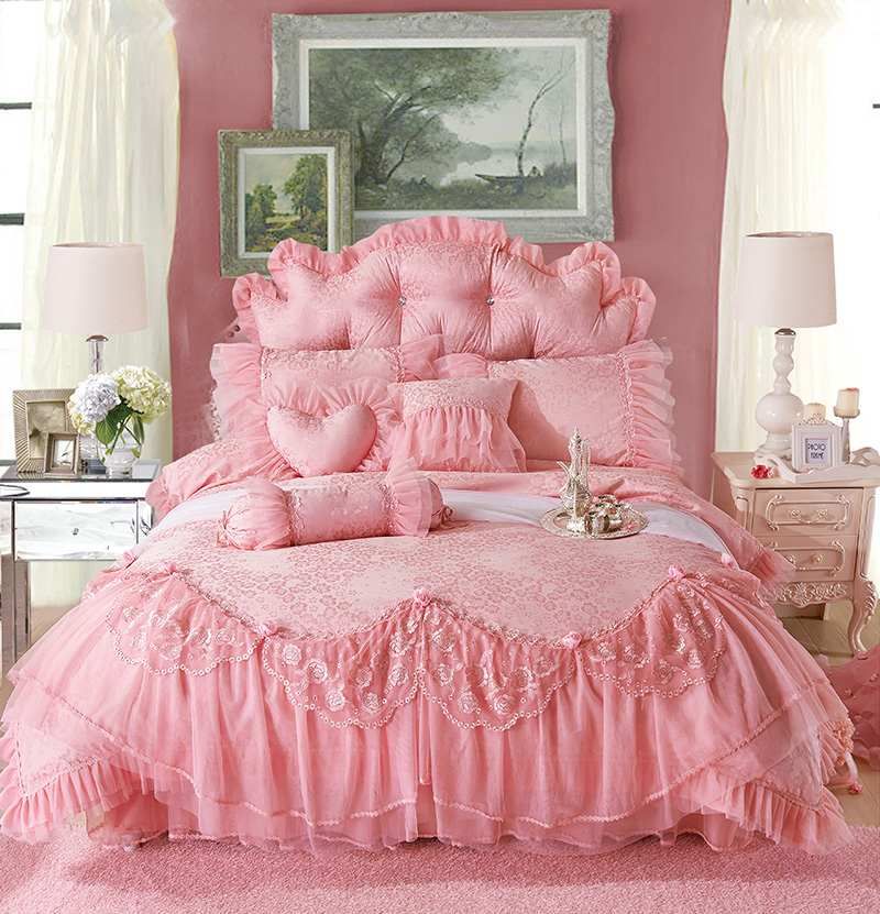 Luxury Romantic Satin Princess Ruffled Cotton Jacquard Pink Red Duvet Cover Set