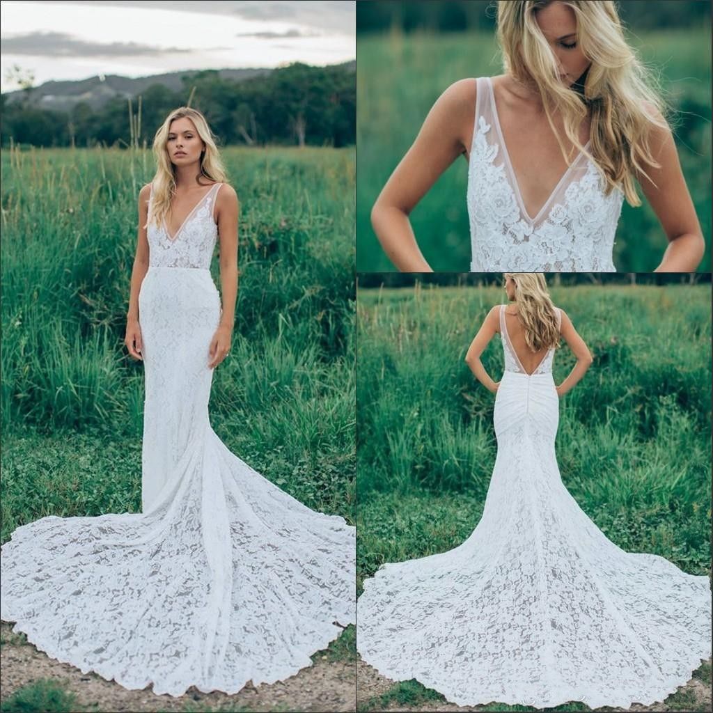 2020 Cheap Summer Beach Mermaid Wedding Dresses Bohemian Full Lace V ...