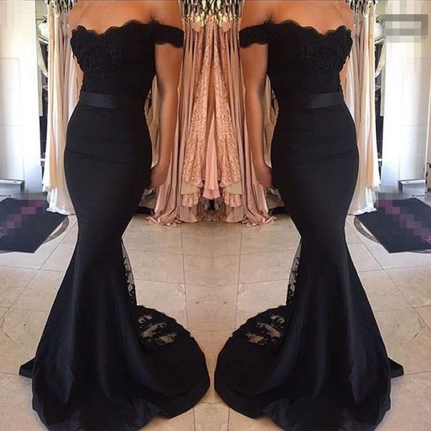 long black off the shoulder prom dress