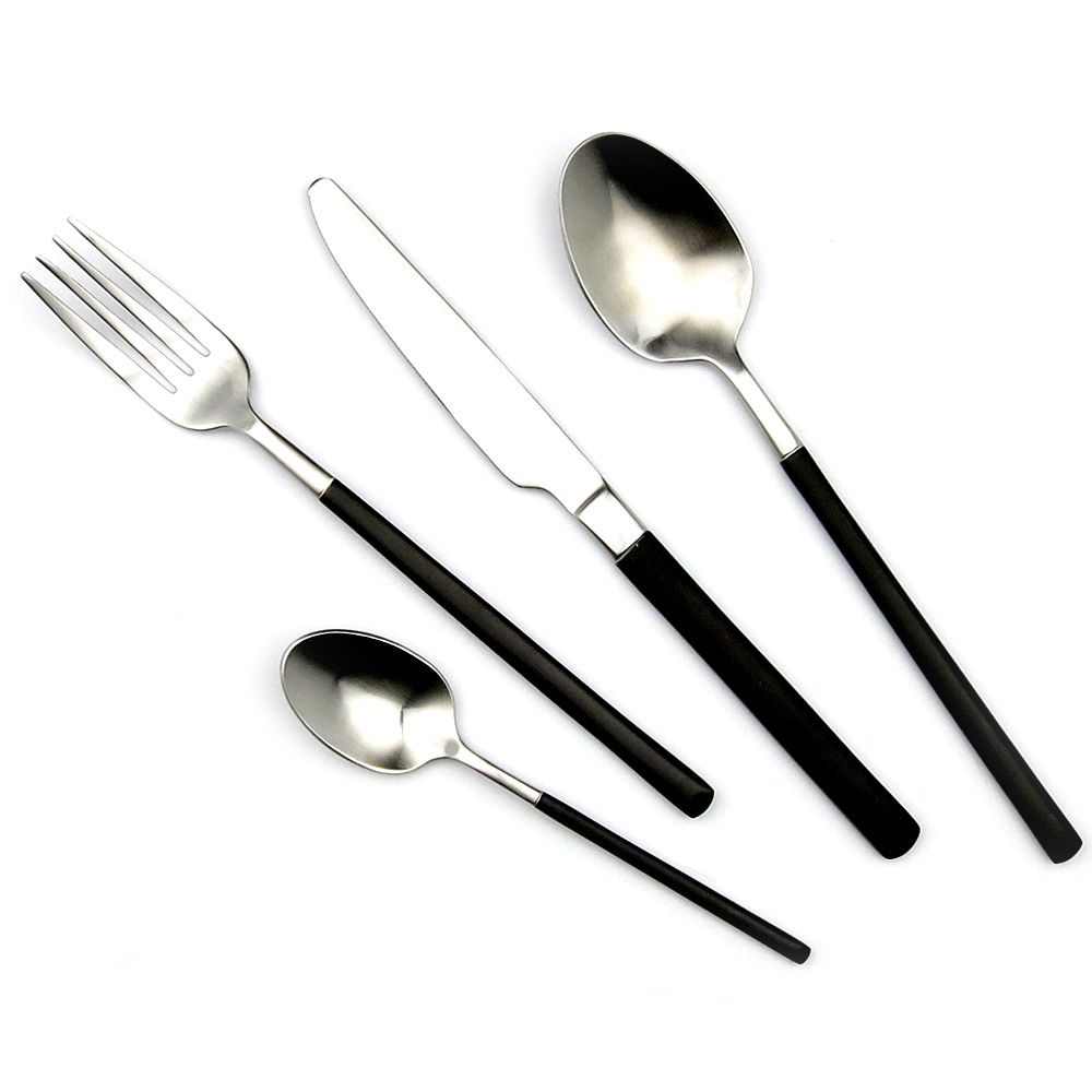 JK Home Luxury Black Handle Flatware Set Matte Stainless Steel Cutlery