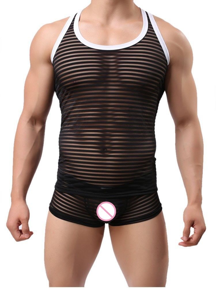 2021 Men Sexy Fun Striped Tank Tops Vest Male Singlet Lace Sheer Mesh Transparent Tops Nylon 
