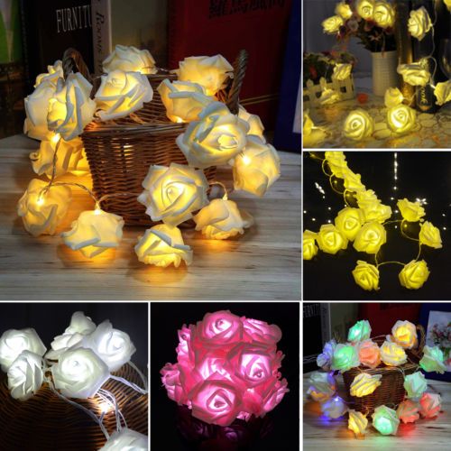 Rose Flower Fairy String Light 20 LED Battery Operated Nightlight Christmas Garden Party Decor White Rose Flower Fairy String Light 20 LED Battery Operated Nightlight Christmas Garden Party Decor White