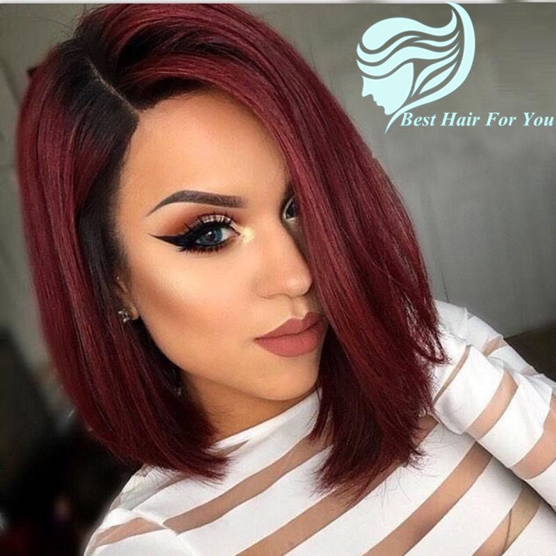 Bob Two Tone 1b 99j Burgundy Ombre Human Hair Lace Front Wig Short