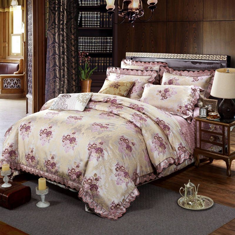 Noble Purple Cotton Silk Flower Bedding Set Quilted Bedspreads