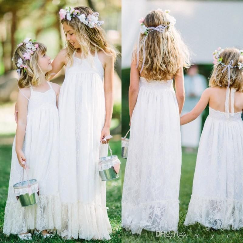 Elegant Lace Flower Girl Dresses For Beach Weddings Cute Halter Sleeveless Long Floor Length Kids Formal Gowns Cheap Kids Gown Design Canada 2019 From