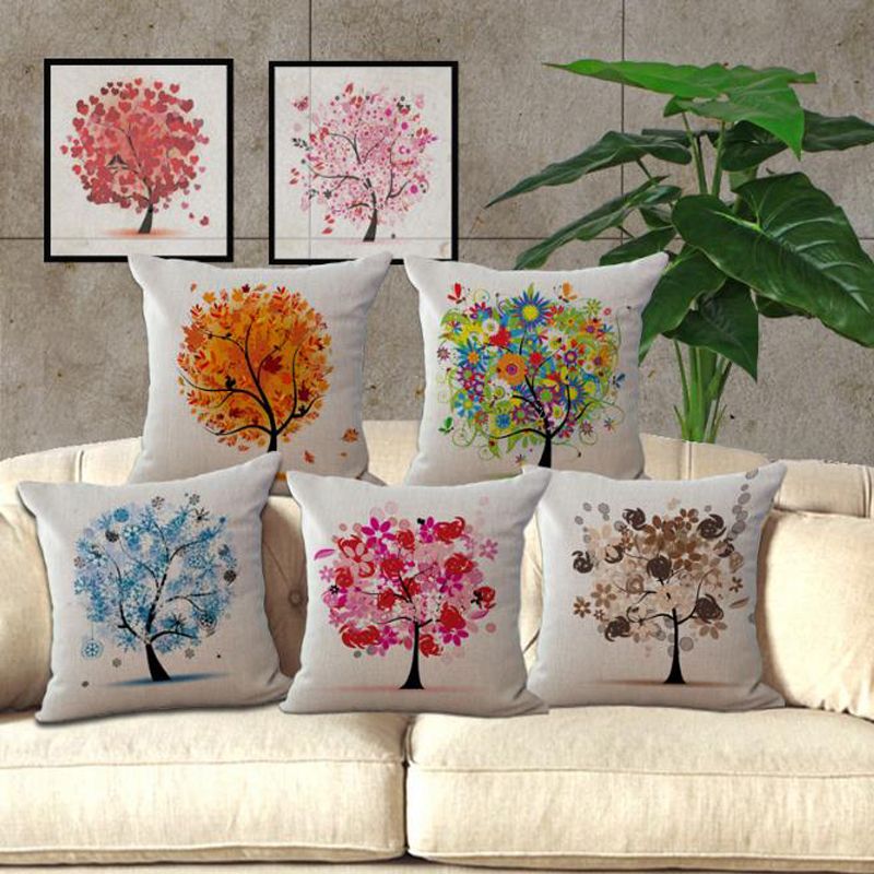 Flower Tree Pillow Case Cotton Linen Cushion Cover Sofa Throw Home  Bed Decor