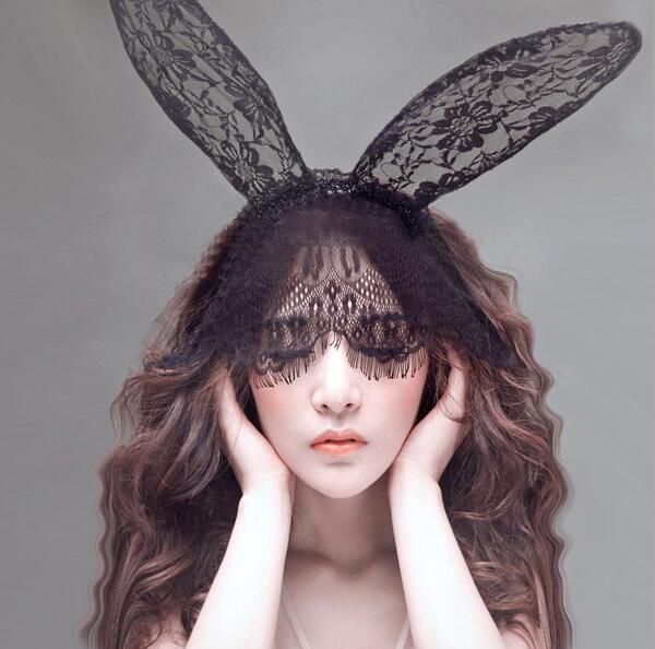 Lace Black Costume Girl White Women Bunny Ears Veil Mask Fancy Dress