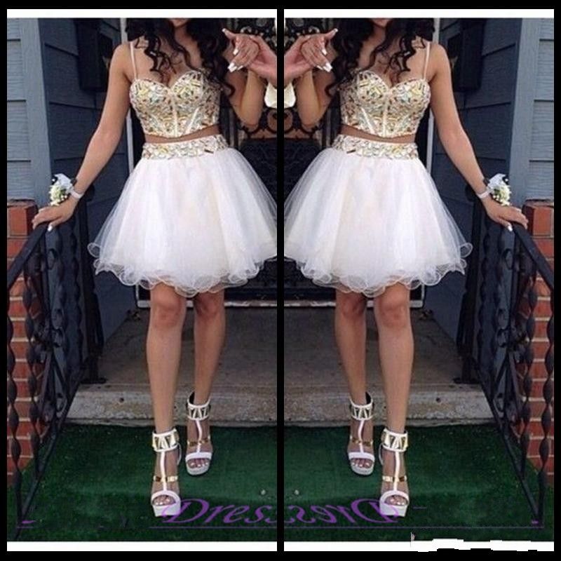 Gold and White 2 Piece Homecoming Dresses Beaded Straps Short Prom Party Gowns Special Occasion Wear Vestidos 15 Anos Plus Size Gold and White 2 Piece Homecoming Dresses Beaded Straps Short Prom Party Gowns Special Occasion Wear Vestidos 15 Anos Plus Size